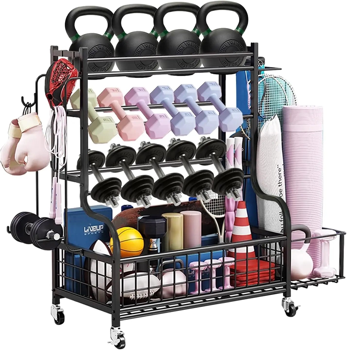 Weight Rack for Kettlebells, Storage Holder for Yoga and Workout Equipment, Home Gym Storage Rack with Wheels