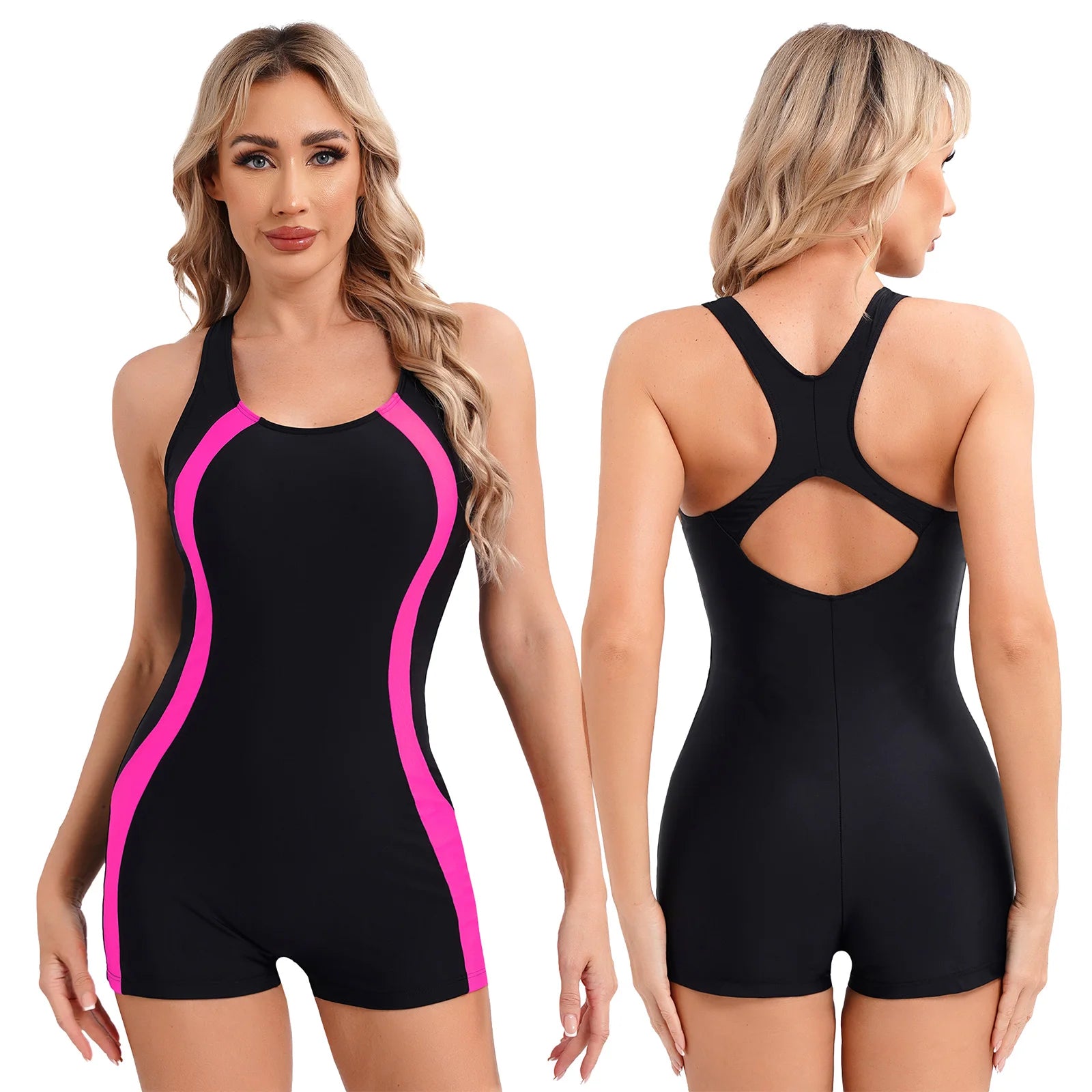 Women Sleeveless Boyleg Athletic Swimsuit One Piece Racerback Modest Swimwear Padded Water Sport Jumpsuit Beach Surfing