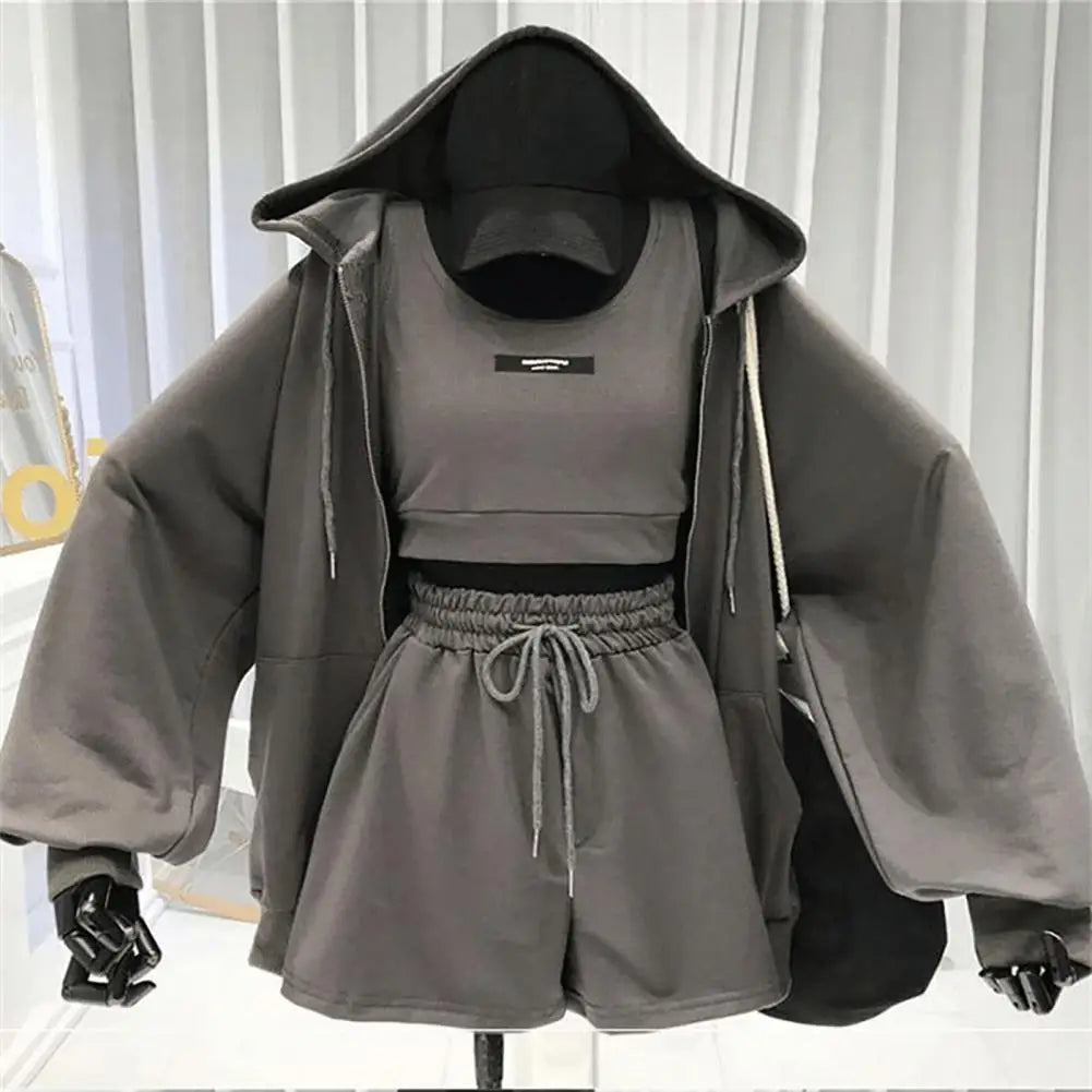 1 Set Women Sportswear  Long Sleeve   Women Coat Three Pieces Drawstring Shorts Vest Thin Coat Set