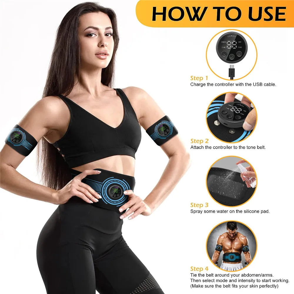 Abdominal Toning Belt EMS Muscle Stimulator Toner USB Body Slimming Shaping Waist Arm Leg Massage Lose Weight Home Gym Fitness